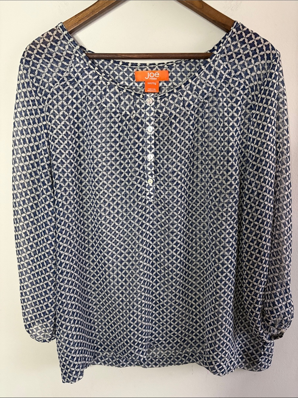 Joe Fresh XXL Navy Geometric Print Button Front Blouse Boho